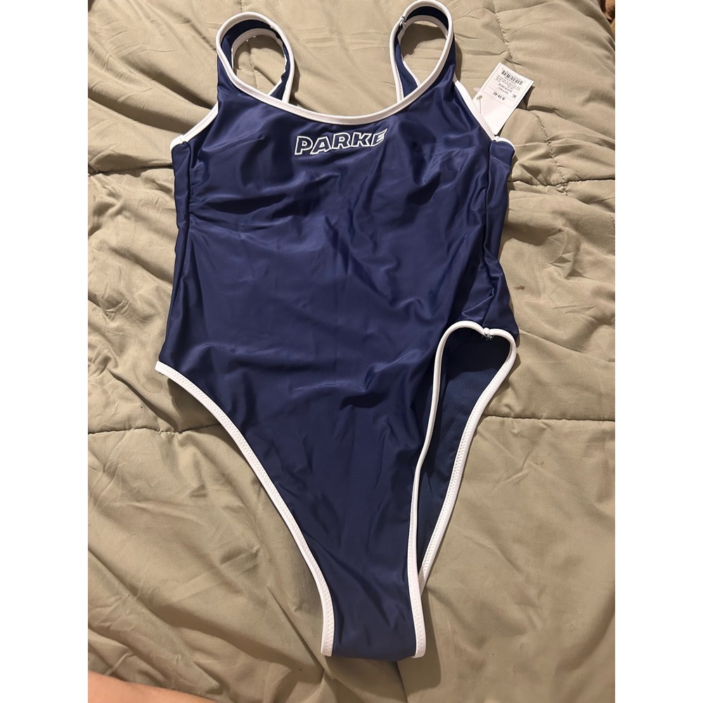 Parke Women Navy Blue High Cut One Piece Swimsuit White Trim Embroidered Logo S